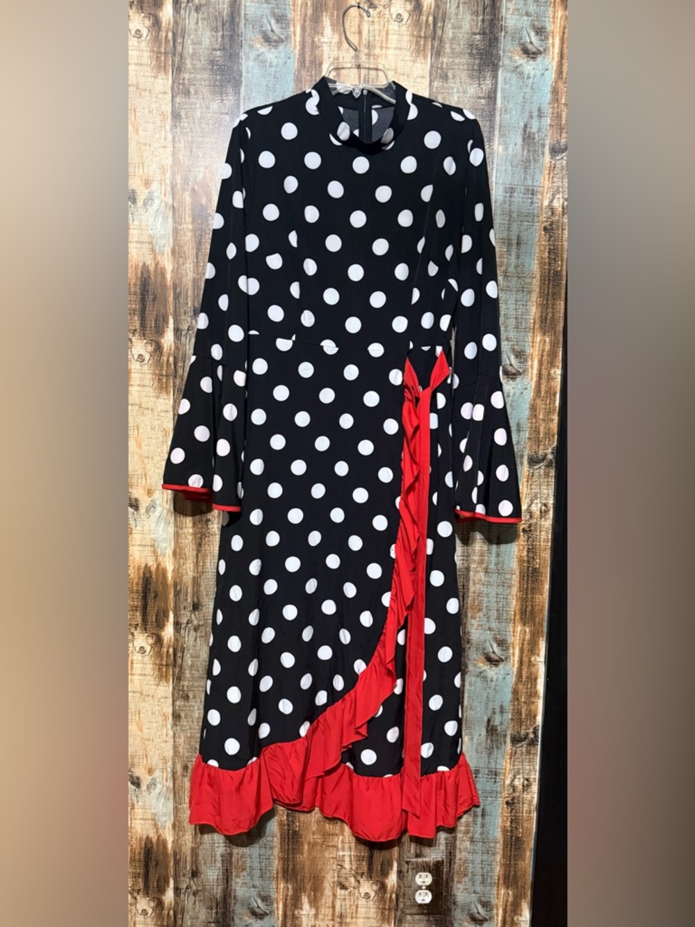 SHEIN Black Polka Dot Top with White Spots and red tie. New